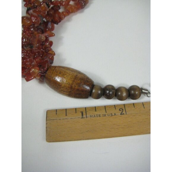 Carnelian Stone Chip Multi Strand Beaded Necklace  Wooden Accents Boho Chic 21in - Picture 5 of 9